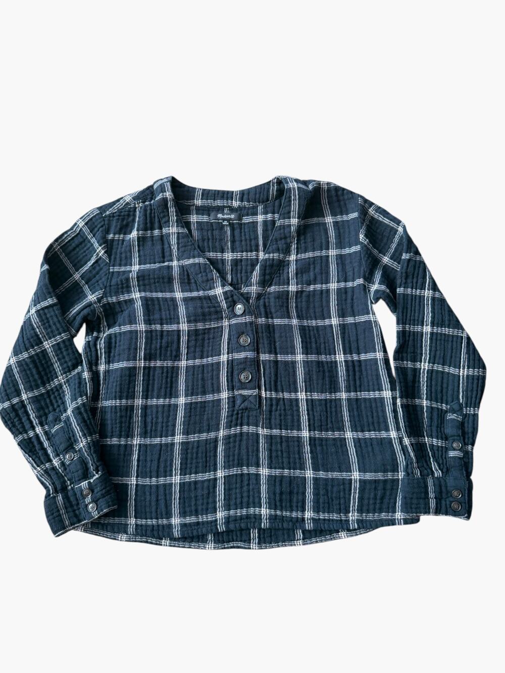 Madewell Lightspun Evert Top Windowpane Plaid True Black Gauze Size XS